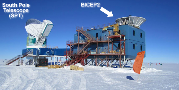 Telescopio BICEP2 junto al SPT en el Polo Sur